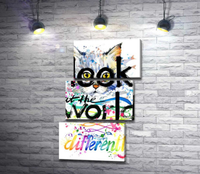 Модульна картина "Жовті очі кота виглядають з-за напису "look at the world differently""