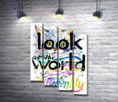 Модульна картина "Жовті очі кота виглядають з-за напису "look at the world differently""