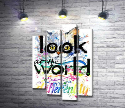 Модульная картина "Желтые глаза кота выглядывают из-за надписи "look at the world differently""