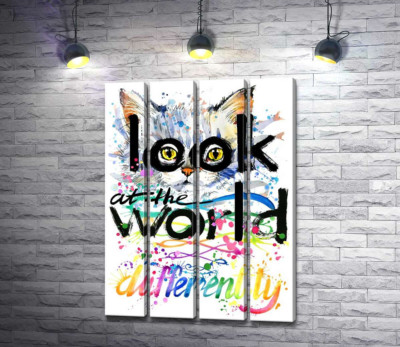 Модульна картина "Жовті очі кота виглядають з-за напису "look at the world differently""