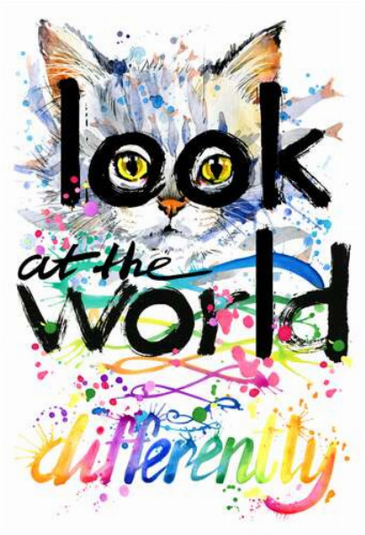 Желтые глаза кота выглядывают из-за надписи "look at the world differently"