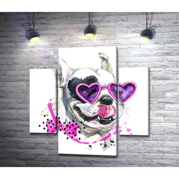 Белая собака с черным пятном-сердцем на глазу  и в розовых очках