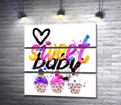 Модульна картина "Білий заєць та ягідні кекси під написом "sweet baby""