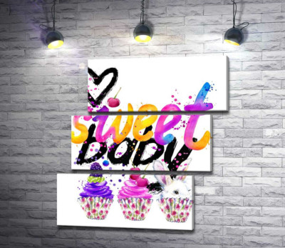 Модульная картина "Белый заяц и ягодные кексы под надписью "sweet baby""