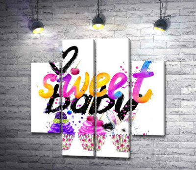 Белый заяц и ягодные кексы под надписью "sweet baby"