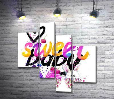Модульная картина "Белый заяц и ягодные кексы под надписью "sweet baby""