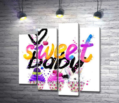 Белый заяц и ягодные кексы под надписью "sweet baby"