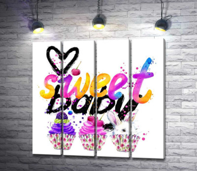 Модульна картина "Білий заєць та ягідні кекси під написом "sweet baby""