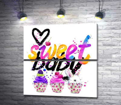 Модульная картина "Белый заяц и ягодные кексы под надписью "sweet baby""