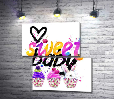 Модульная картина "Белый заяц и ягодные кексы под надписью "sweet baby""