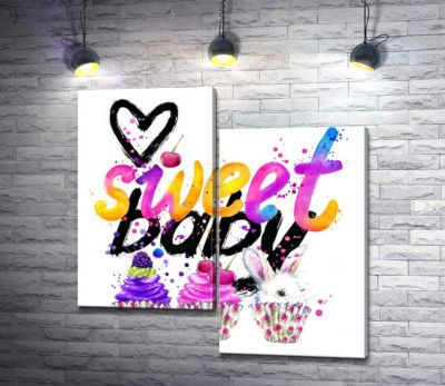 Белый заяц и ягодные кексы под надписью "sweet baby"