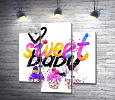 Модульная картина "Белый заяц и ягодные кексы под надписью "sweet baby""