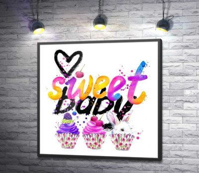 Постер "Белый заяц и ягодные кексы под надписью "sweet baby""