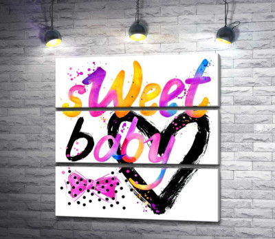 Модульная картина "Надпись "sweet baby" на фоне розового бантика и черного сердца"