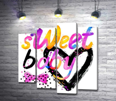 Модульная картина "Надпись "sweet baby" на фоне розового бантика и черного сердца"