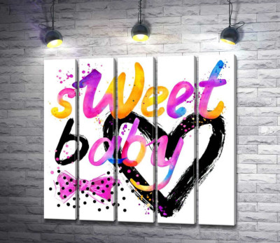 Модульна картина "Напис "sweet baby" на фоні рожевого бантика та чорного серця"