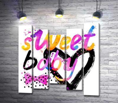 Модульна картина "Напис "sweet baby" на фоні рожевого бантика та чорного серця"