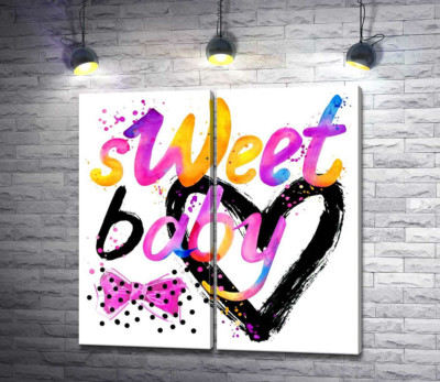 Модульна картина "Напис "sweet baby" на фоні рожевого бантика та чорного серця"
