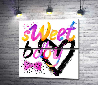 Модульная картина "Надпись "sweet baby" на фоне розового бантика и черного сердца"