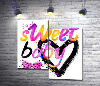 Модульна картина "Напис "sweet baby" на фоні рожевого бантика та чорного серця"