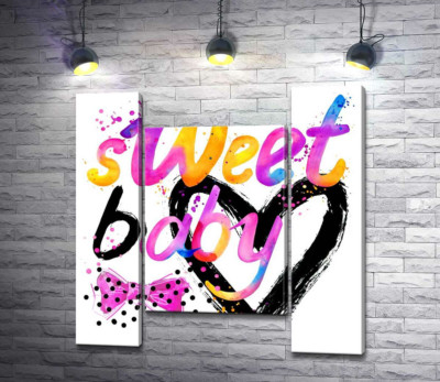 Напис "sweet baby" на фоні рожевого бантика та чорного серця
