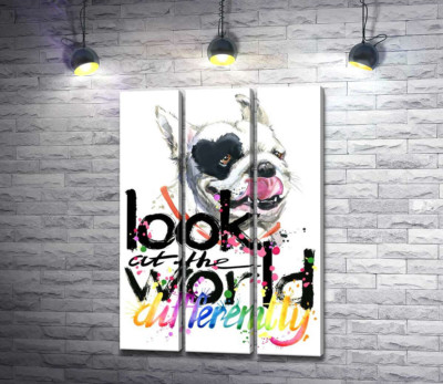 Модульна картина "Білий собака з чорним серцем на оці та написом "look at the world differently""