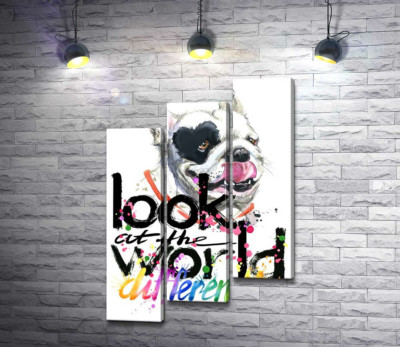 Модульна картина "Білий собака з чорним серцем на оці та написом "look at the world differently""