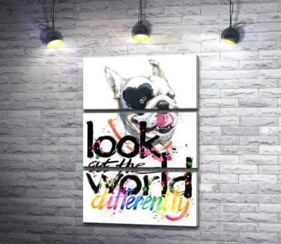 Модульна картина "Білий собака з чорним серцем на оці та написом "look at the world differently""
