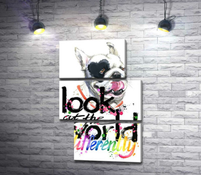 Модульна картина "Білий собака з чорним серцем на оці та написом "look at the world differently""
