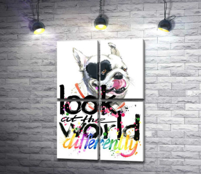 Білий собака з чорним серцем на оці та написом "look at the world differently"