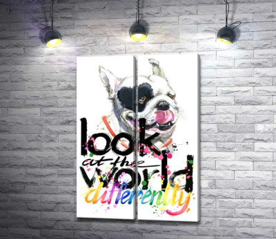 Модульна картина "Білий собака з чорним серцем на оці та написом "look at the world differently""