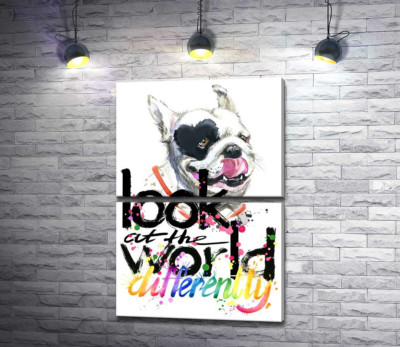 Модульна картина "Білий собака з чорним серцем на оці та написом "look at the world differently""