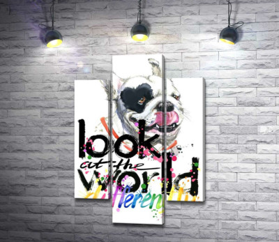 Білий собака з чорним серцем на оці та написом "look at the world differently"
