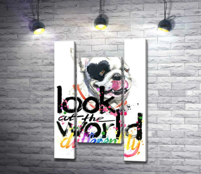 Модульна картина "Білий собака з чорним серцем на оці та написом "look at the world differently""