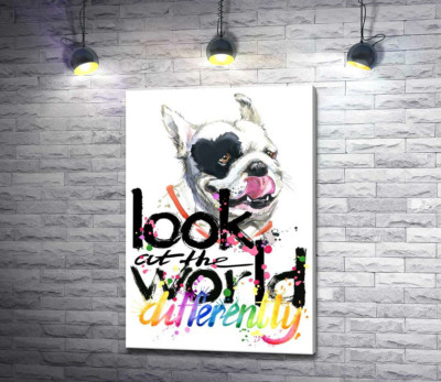 Білий собака з чорним серцем на оці та написом "look at the world differently"