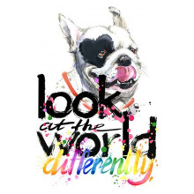 Білий собака з чорним серцем на оці та написом "look at the world differently"