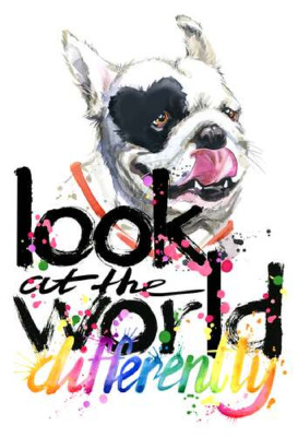 Белая собака с черным сердцем на глазу и надписью "look at the world differently"