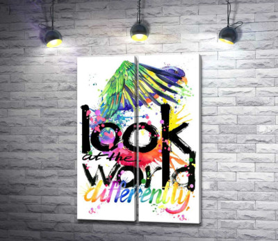 Модульна картина "Папуга пролітає над написом "look at the world differently""