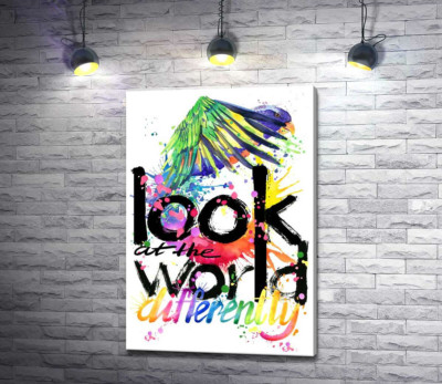 Попугай пролетает над надписью "look at the world differently"
