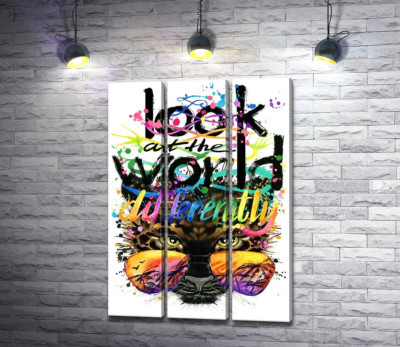 Модульна картина "Напис "look at the world differently" на фоні леопарда в окулярах"