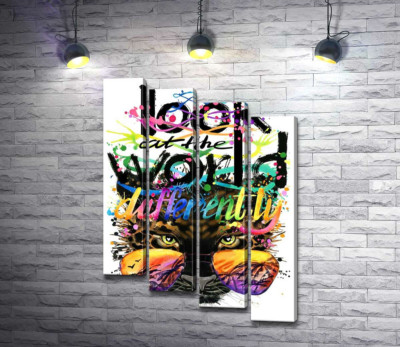 Модульна картина "Напис "look at the world differently" на фоні леопарда в окулярах"