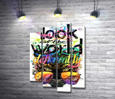 Модульна картина "Напис "look at the world differently" на фоні леопарда в окулярах"