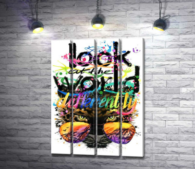 Модульна картина "Напис "look at the world differently" на фоні леопарда в окулярах"