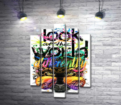 Модульная картина "Надпись "look at the world differently" на фоне леопарда в очках"