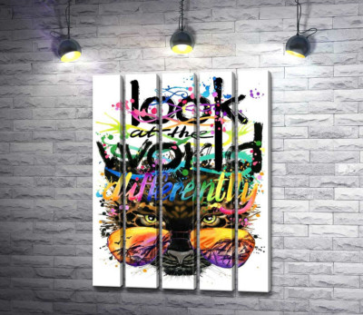 Модульная картина "Надпись "look at the world differently" на фоне леопарда в очках"