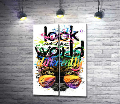 Модульная картина "Надпись "look at the world differently" на фоне леопарда в очках"