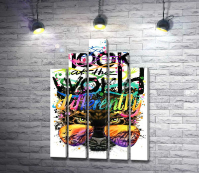 Модульная картина "Надпись "look at the world differently" на фоне леопарда в очках"