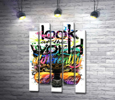 Надпись "look at the world differently" на фоне леопарда в очках