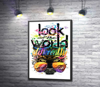 Постер "Надпись "look at the world differently" на фоне леопарда в очках"