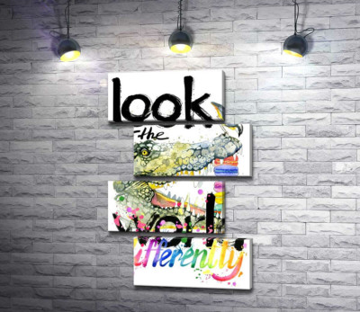 Модульна картина "Крокодил поглинає макарони за написом "look at the world differently""